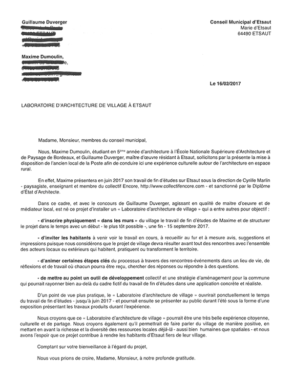 2017. « Laboratoire d'architecture de village » - 3. Courrier adressé à la municipalité - Etsaut (64) - avec Guillaume Duverger.jpg